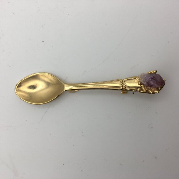 Vintage Small Gold Tone Spoon Pin Brooch Jewelry Amethyst Maple Leaf 2 1/2" - Picture 3 of 11